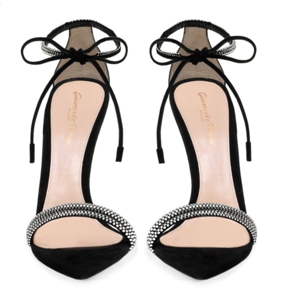 Gianvito Rossi Montecarlo Black Suede & Crystal Stiletto Heel Ankle-tie … - Picture 10 of 16